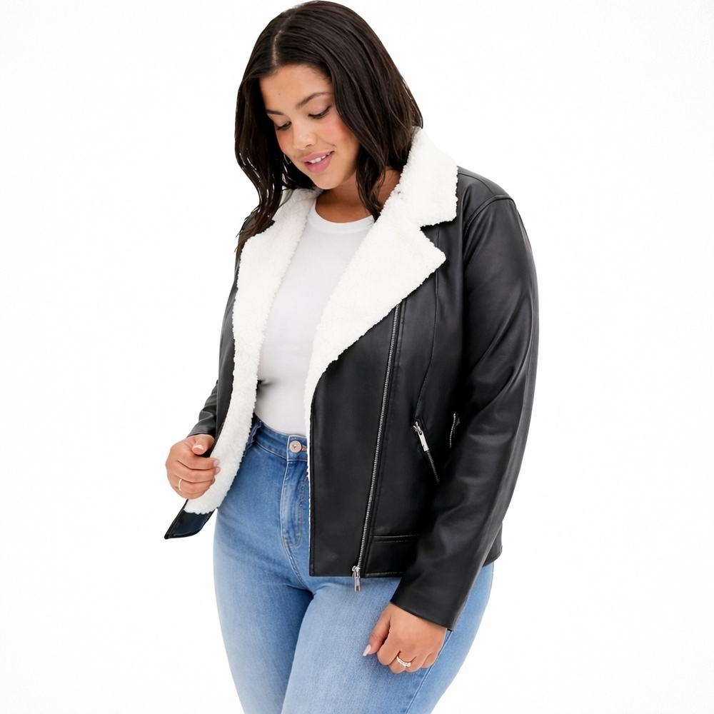 Torrid 2X Black Faux Leather Sherpa Lined Moto Jacket Plus Size NWT